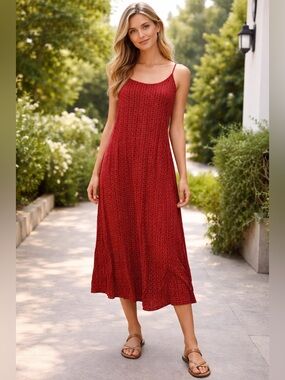 Forever 21 Red Floral Patterened Spaghetti-Strap Midi Dress - Size S